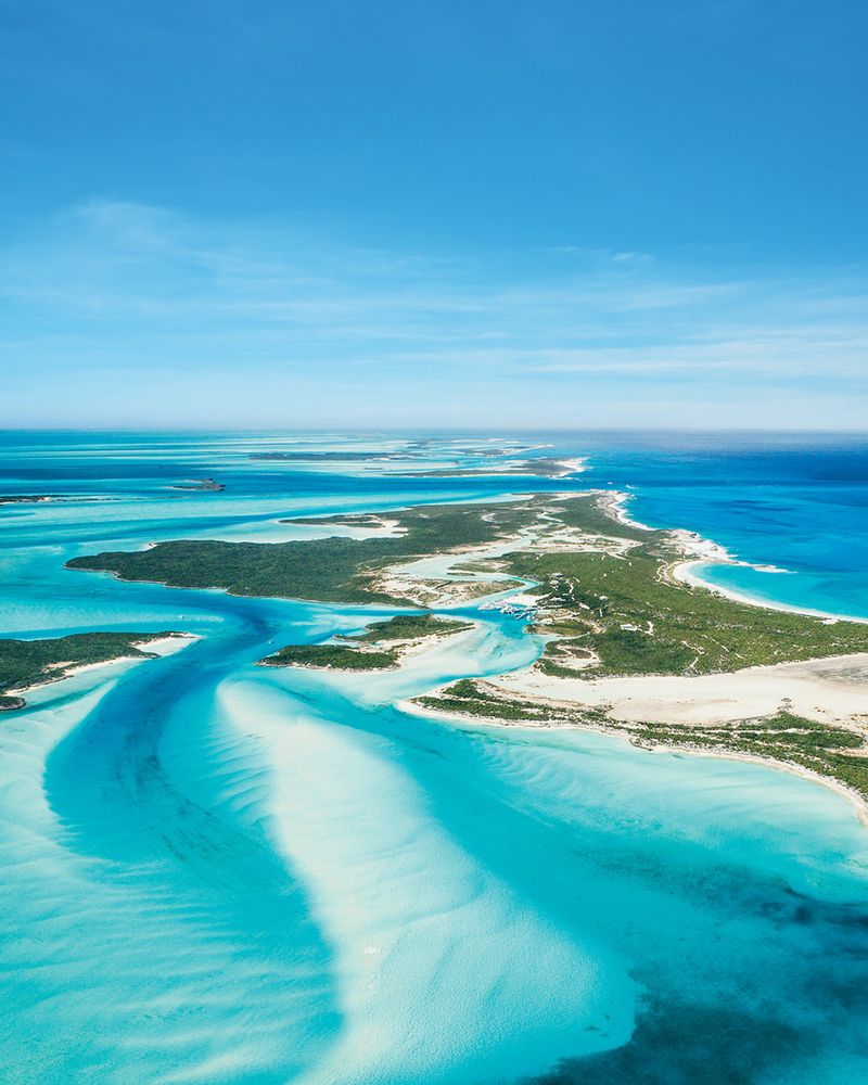 Aerial view of islands and turquoise sandbanks in The Bahamas.