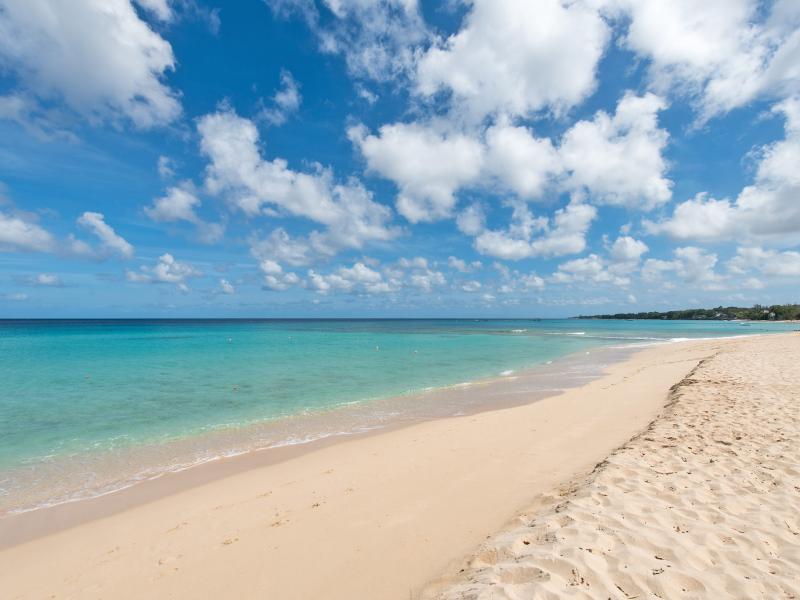 Sandy beach and calm turquoise sea in Barbados.