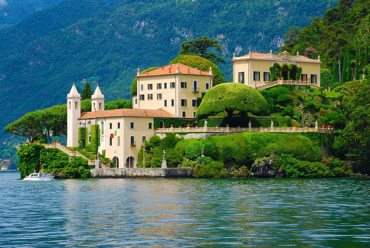 Villa del Balbianello on the wooded shore of Lake Como.
